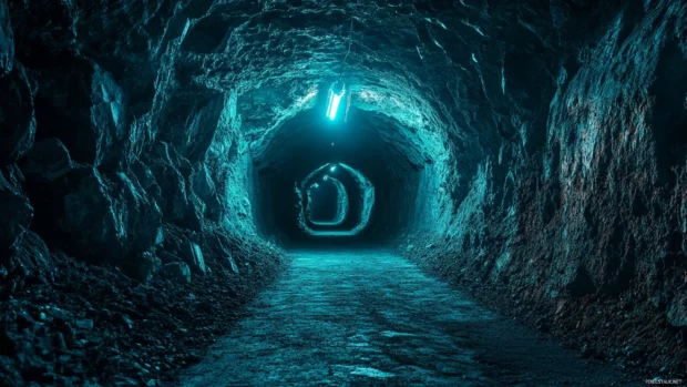 Underground tunnel pulsating with dark neon energy.