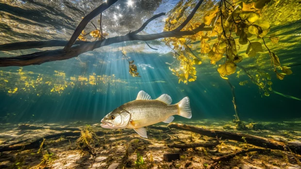 Underwater bass fish, deep river swimming, near driftwood aquatic plants, scales reflecting sunlight hints.