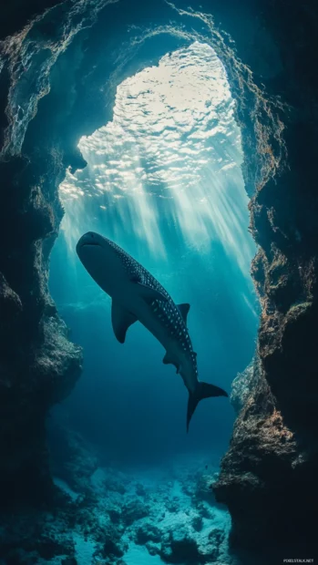 Underwater cave entry with whale shark in soft focus.
