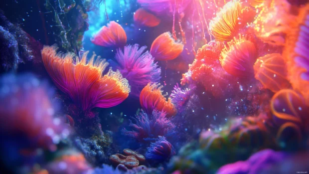 Underwater coral reefs shimmer with Summer Vibes in vibrant colors.