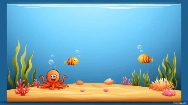Underwater magic with friendly sea creatures, smiling octopus, dolphins, coral reefs, and bubbles.