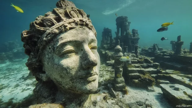 Underwater ruins of a lost city, filled with marine life and ancient sculptures.