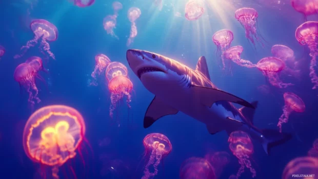 Underwater shark wallpaper with glowing jellyfish and sun rays in.