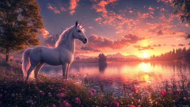Unicorn at twilight lake, a peaceful fantasy 4K wallpaper for desktop screens.