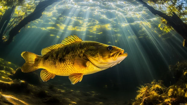 Unique perspective of a fish swimming close to the surface of the water, with sun rays piercing through and creating shimmering effects.