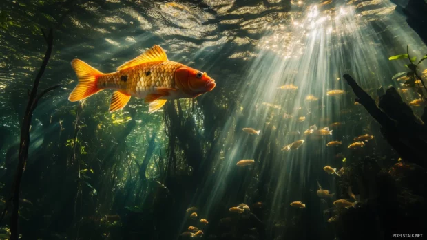 Unique perspective of a fish swimming close to the surface of the water, with sun rays piercing through and creating shimmering effects.