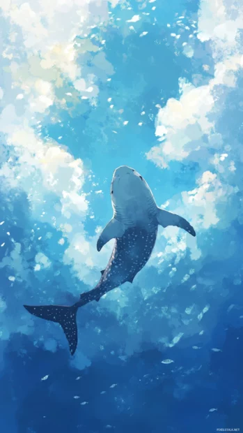 Upward view of whale shark against cloud dappled surface.