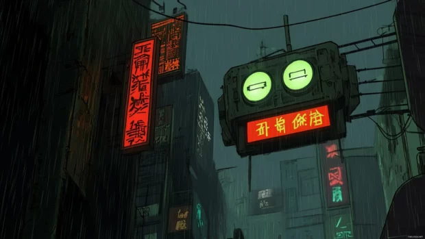 Urban AI Bot standing beneath rain soaked signs in a glowing anime cyberpunk cityscape.
