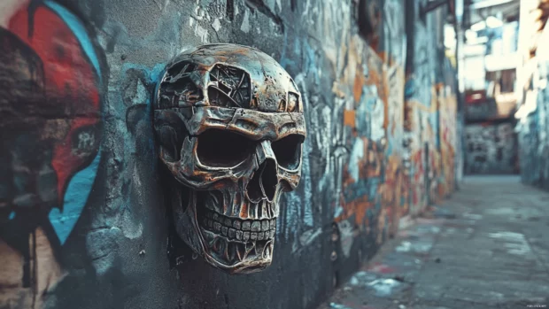 Urban alley scene with graffiti 4K wallpapers of futuristic skull robot.