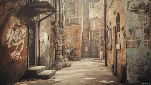 Urban alleyway mural with vintage graffiti style and sepia tones.