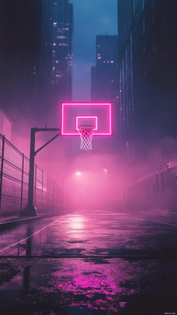 Urban basketball aesthetic wallpaper with neon glow and night city ambiance.