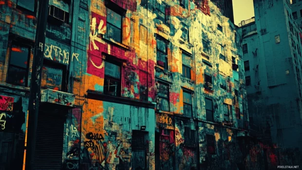 Urban buildings formed from abstract tags in vibrant graffiti cityscape wallpapers.