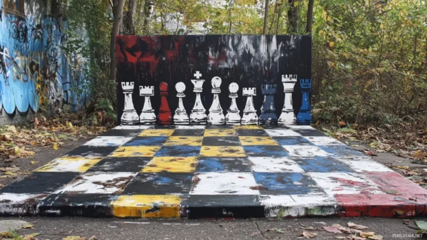 Urban chessboard painted in activist contrast graffiti.