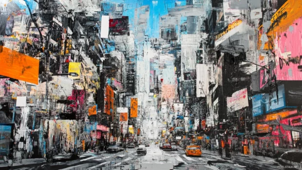 Urban cityscape formed entirely from wildstyle graffiti strokes.