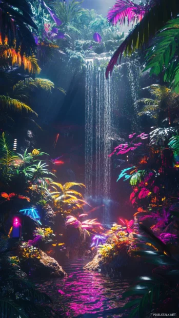 Urban jungle blending nature with neon tech.