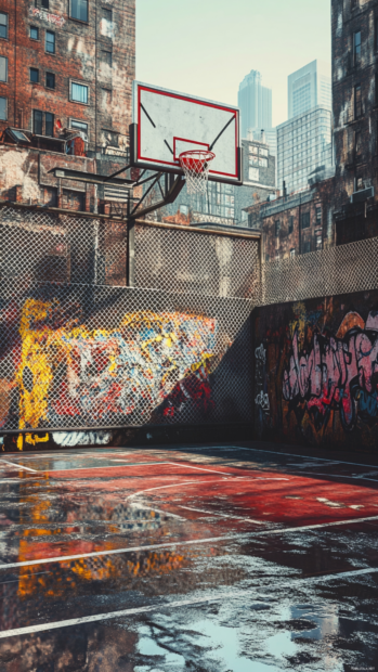Urban rooftop basketball setup with graffiti and chainlink fence.