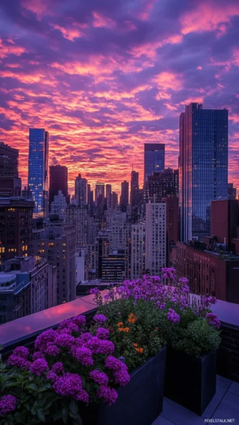 Urban rooftops drenched in Pretty Sunset colors.