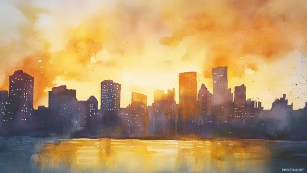Urban skyline bathed in golden glow for a dreamy sunset cityscape watercolor painting.