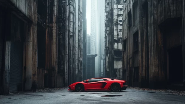 Urban wallpaper showing Lamborghini Aventador between concrete buildings.
