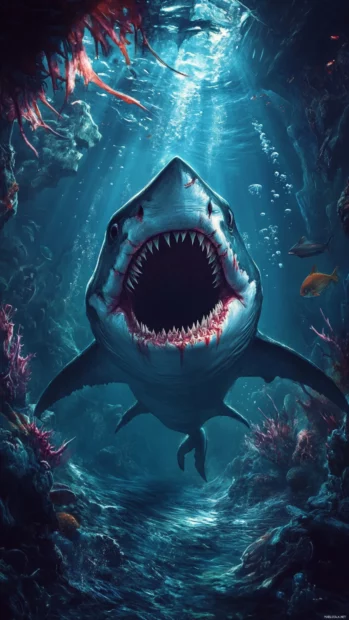 Vampire shark emerging from underwater crypt.