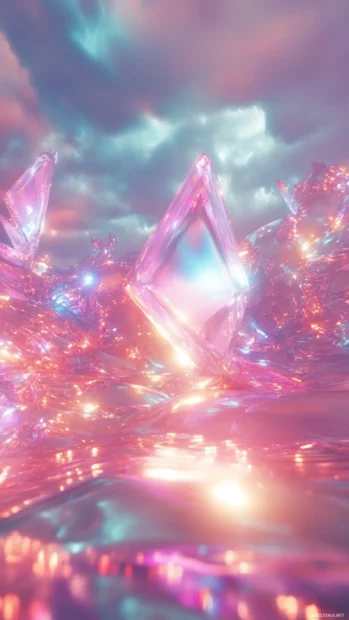 Vapor like trippy lights moving through a sky of scattered prisms and soft tones.