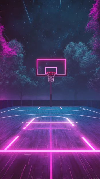 Vaporwave inspired basketball aesthetic background with glowing lines and surreal court.