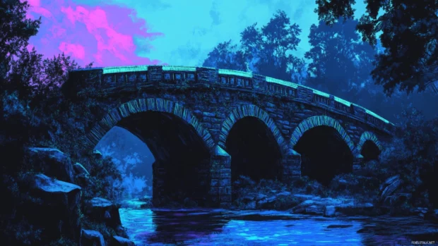 Vaporwave style Cyberpunk bridge lit with fluorescent arcs.