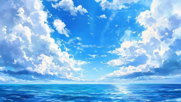 Vast blue skies meeting watercolor ocean horizons.
