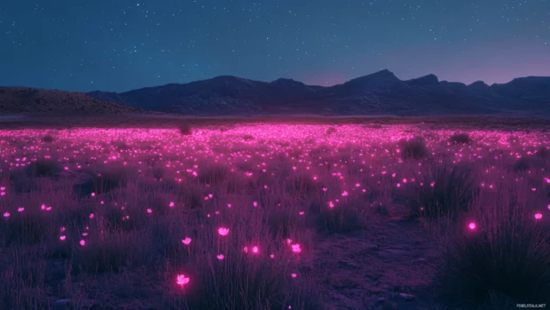 Vast desert lit by scattered pink neon fragments.