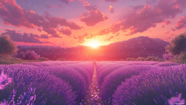 Vast lavender fields bloom beneath a soft pink sunset.