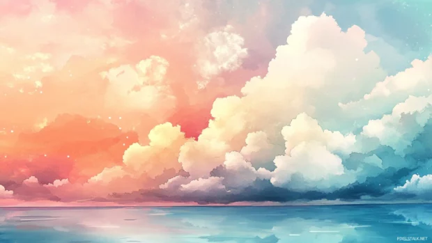 Vast ocean horizons blending with soft watercolor clouds.