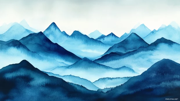 Vast open skies and jagged watercolor mountain silhouettes.
