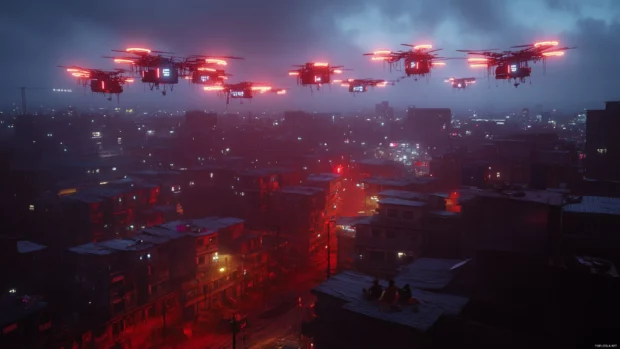 Vast slums lit by unauthorized neon rigs, citizens lounging on rooftops beneath glowing drones.