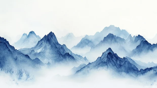Vast watercolor mountain ranges disappearing into the mist.