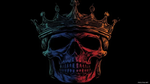 Vector design for a t shirt, featuring a skull with a colorful, detailed, and intricate crown illustration.