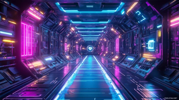 Vector illustration, D art, futuristic neon circuit board, glowing nodes, complex pathways.