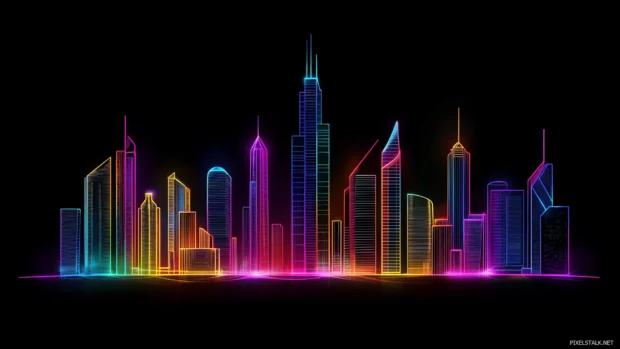 Vector illustration, D art, glowing neon cityscape, vibrant skyscrapers, futuristic streets.