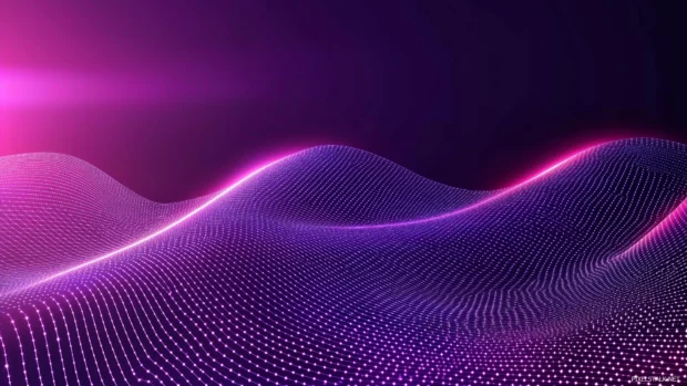 Vector illustration, D art, glowing neon grid landscape futuristic, pulsating light horizon.