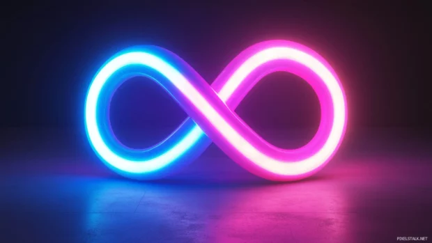 Vector illustration, D art, neon abstract artwork, swirling light ribbons, blue and pink.