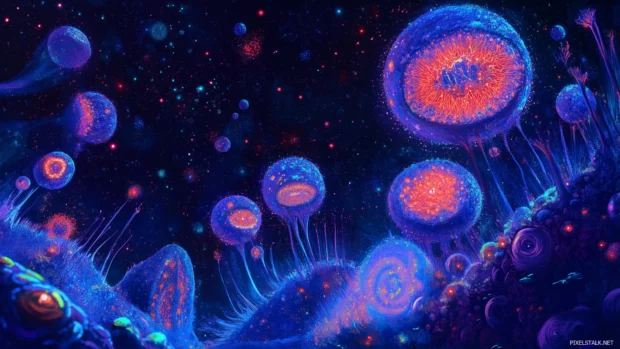 Vector illustration, neon cosmic scene, glowing planets, vibrant stars, radiant light trails.