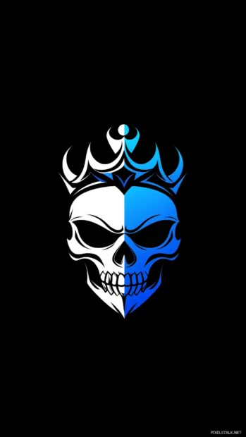 Vector logo of a skull with a crown, on a pure black background, in the style of Jarek Kubicki and Emiliano Ponzi  The design is a tattoo, with a white and blue gradient color scheme.
