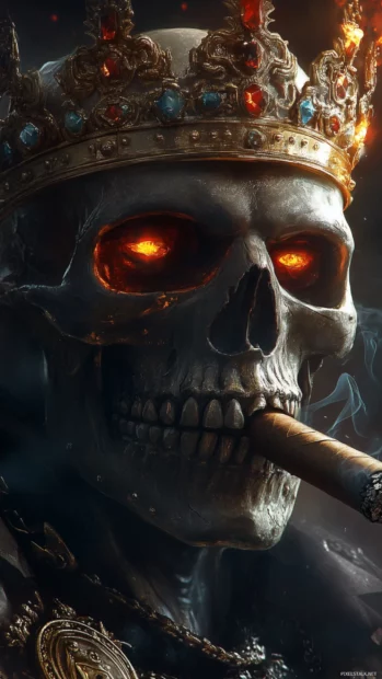 Vector skull with gold jeweled crown, smoking cigar, fierce confident look.