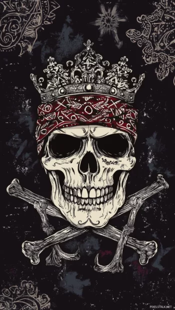 Vector style skull in a bandana and a crown, with crossbones in the background and intricate tribal designs surrounding it.