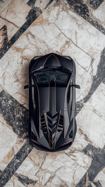 Vertical Black Lamborghini wallpaper capturing top down view against a marble floor.