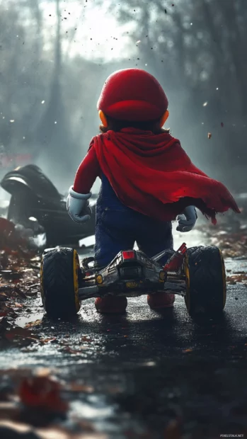 Vertical Cool Mario Wallpaper showing Mario with a hooded cape walking away from a crashed kart.