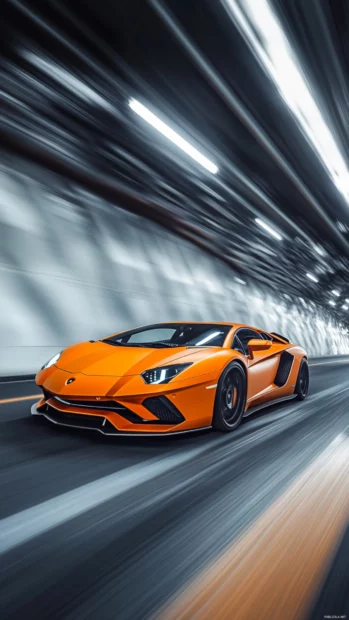 Vertical Lamborghini Aventador in motion blur rushing through a tunnel.