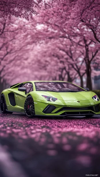 Vertical Lamborghini Aventador wallpaper of a lime green Aventador driving past cherry blossoms.