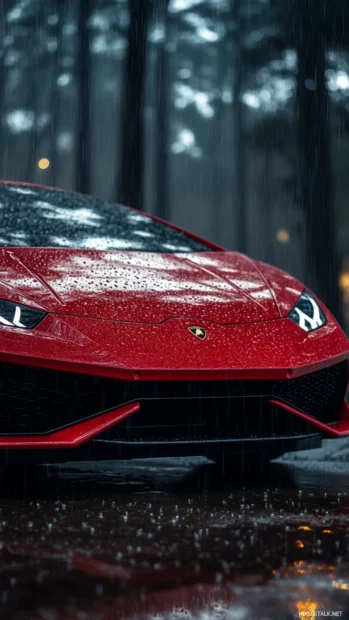 Vertical Lamborghini Huracan wallpaper showing front grille highlighted with rain droplets.