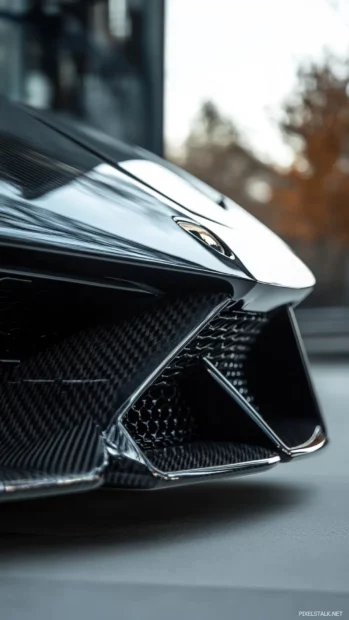 Vertical Lamborghini image showing grille and angular design.