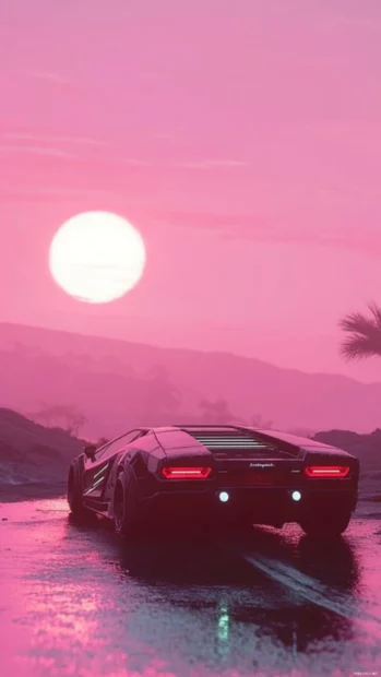 Vertical Lamborghini parked on a pink tinted road during a cyberpunk sunrise.